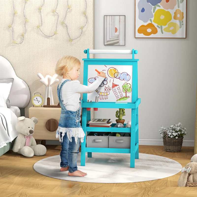 Qaba Double Sided Easel for Kids, Standing Toddler Easel with Paper Roll, Magnetic Whiteboard, Chalkboard & Storage, Blue