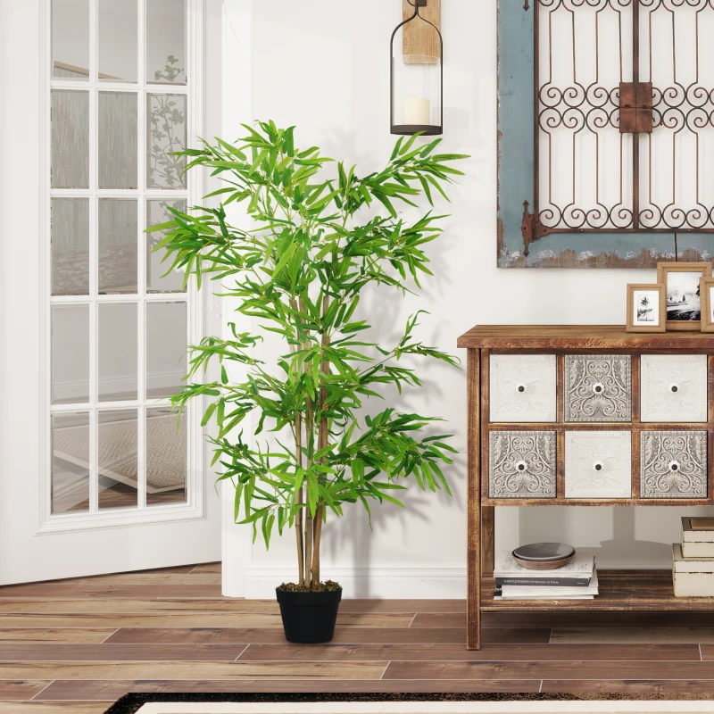Outsunny Artificial Bamboo Tree, 5ft Fake Tree with Realistic Leaf and Natural Trunk, Decorative Plant in Nursery
