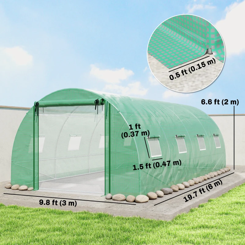 Outsunny Walk-in Tunnel Greenhouse with 2 Support Rods, Mesh Door, Plant Hot House with PE Cover, 20'x10'x7', Green