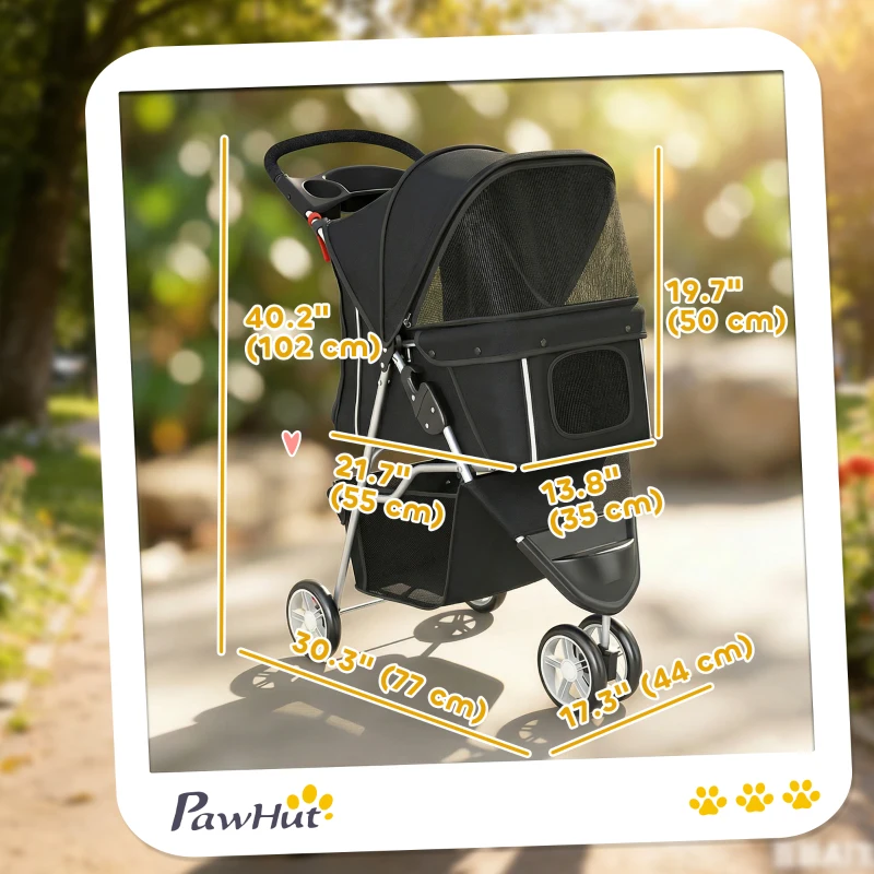 PawHut 3 Wheels Foldable Dog Stroller with Storage Basket, Adjustable Canopy, Cupholder for Miniature and Small Dogs, Black