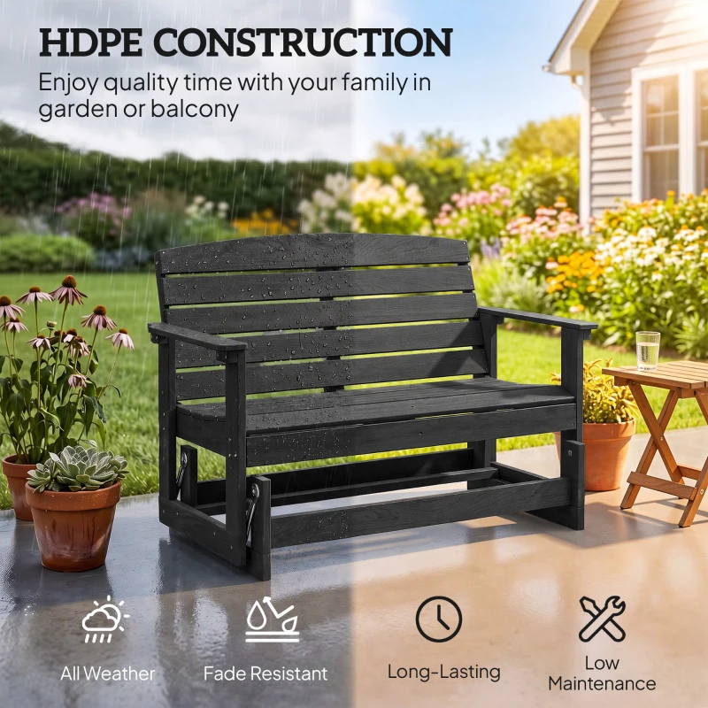 Outsunny Patio Glider Bench w/ HDPE Slatted Double Rocking Chair, Distressed Black