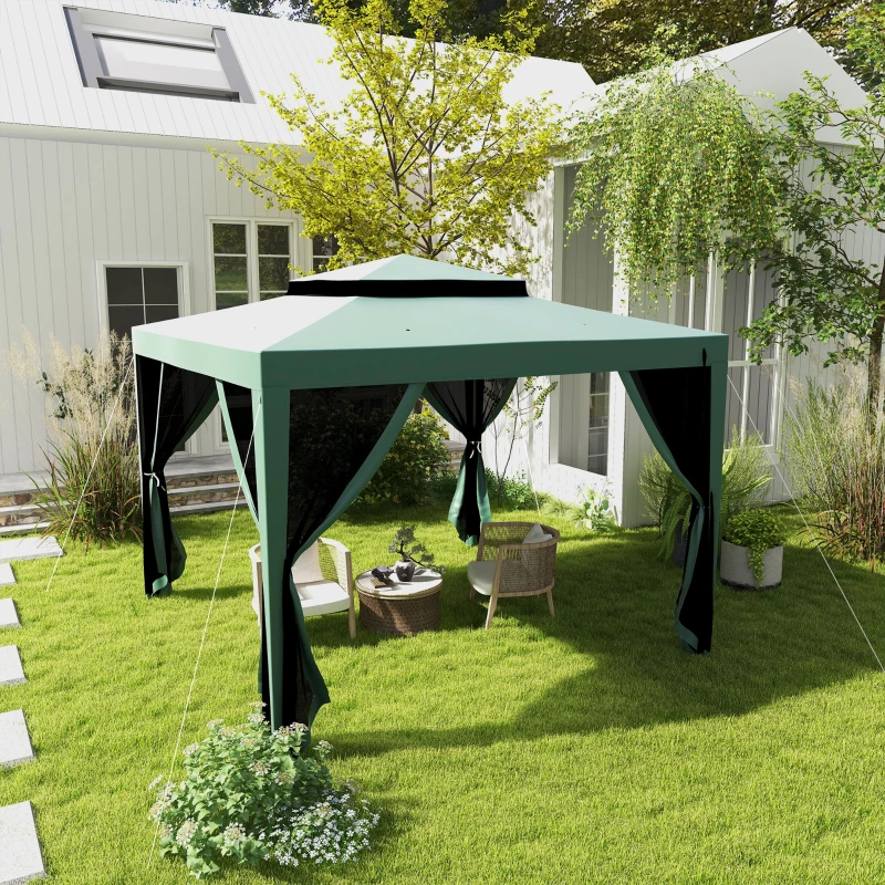 Outsunny 10' x 10' Outdoor Canopy Tent Party Tent with Mesh Netting and Double Tier Roof for Backyard, Garden, Patio, Green