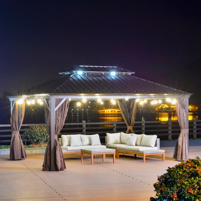 Outsunny 12' x 16' Hardtop Gazebo with Curtains and Netting, Permanent Pavilion Metal Double Roof Gazebo Canopy with Aluminum Frame and Hooks, for Garden, Patio, Backyard, Brown