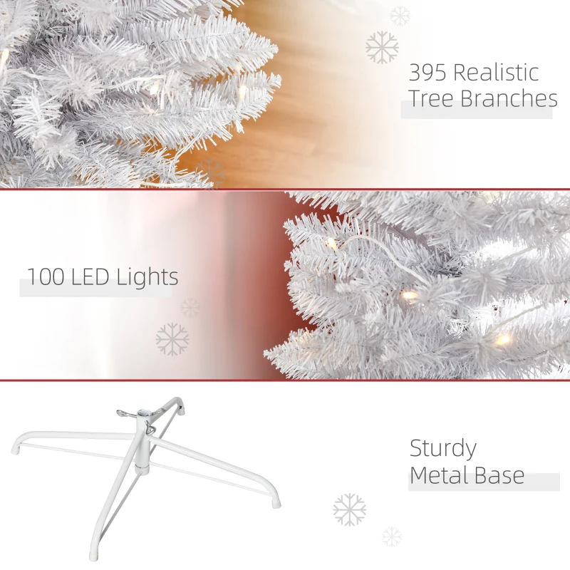 HOMCOM 6ft Tall Prelit Pencil Artificial Christmas Tree, Holiday Décor with 395 Realistic Branches, 100 LED Lights, Foldable Metal Base, White