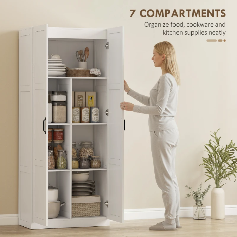 HOMCOM 71" Tall Farmhouse Pantry Cabinet, Kitchen Pantry Storage Cabinet with Soft-Close Hinges, Adjustable Shelves, White