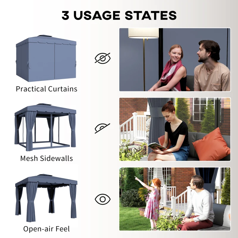 Outsunny 9.7' x 9.7' Outdoor Patio Gazebo Double Soft-top Garden Shelter Tent with Curtains, Mesh Screen Drapes, Dark Blue
