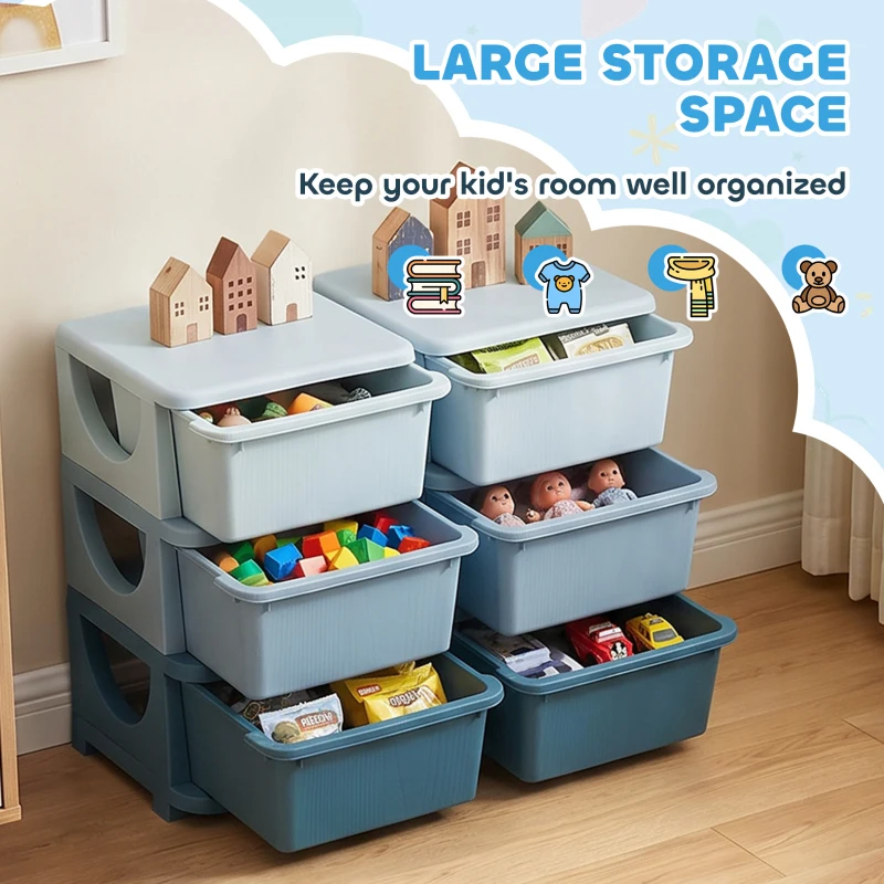Qaba 3 Tier Kids Storage Organizer with 6 Drawers for Bedroom, Nursery, Kindergarten, Living Room, Boys and Girls, Blue