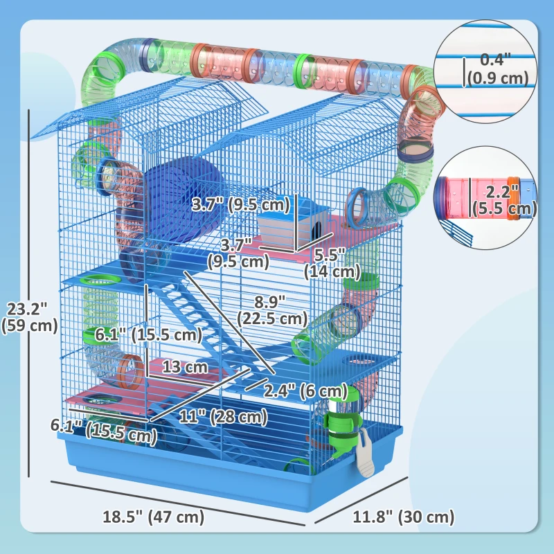 PawHut 18.5" Hamster Cage, 5 Tiers Small Animal House with Tunnel Tube System, Exercise Wheel, Water Bottle, Blue
