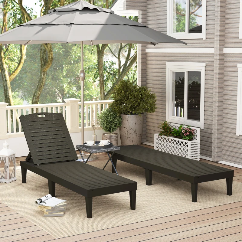 Outsunny Outdoor Lounge Chair Set of 2, Waterproof Resin Lounge Chairs with 4-Position Adjustable Backrest for Backyard, Black