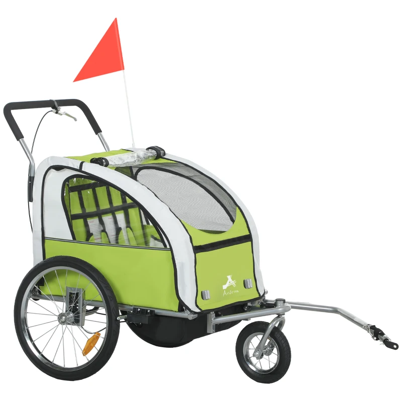 Aosom 2-Seat Elite 360 Swivel Bike Trailer for Kids Bicycle Cargo Trailer with Water-Resistant Windows, Green and White