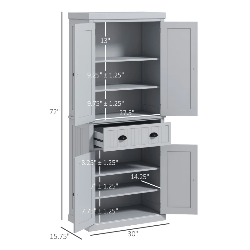 HOMCOM 72" Traditional Freestanding Kitchen Pantry Cabinet Cupboard with Doors and 3 Adjustable Shelves, Gray