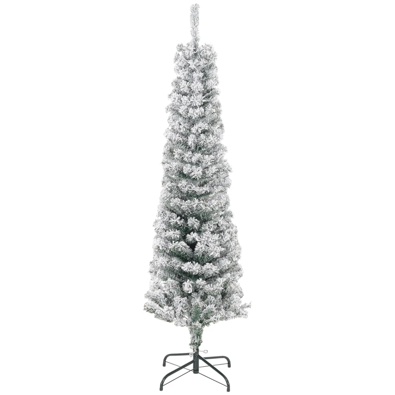 HOMCOM 5ft Flocked Christmas Tree, Pencil Christmas Tree with Realistic Branch Tips, Folding Metal Stand, Green
