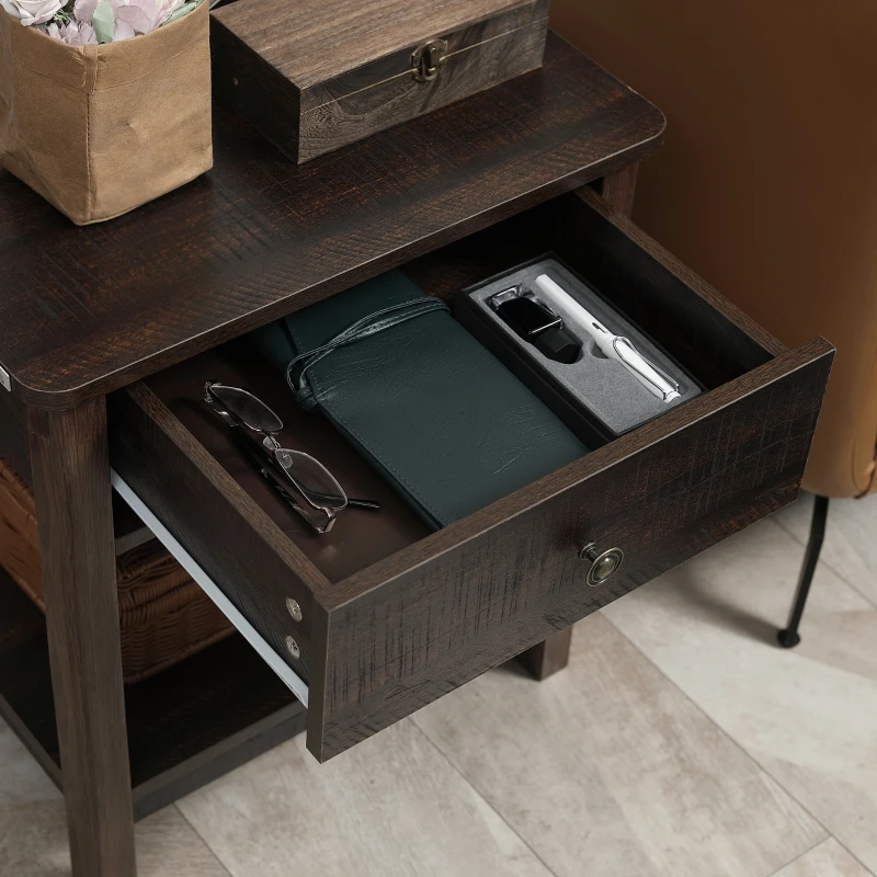 HOMCOM End Table with Drawer, Side Table with Top and Bottom Shelf for Small Spaces, Set of 2, Dark Brown