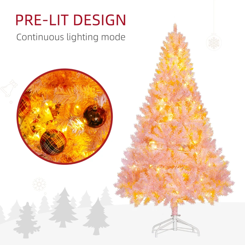HOMCOM 6 FT Tall PreLit Artificial Christmas Tree with Realistic Branches, 250 Warm White LED Lights and 1000 Tips, Pink