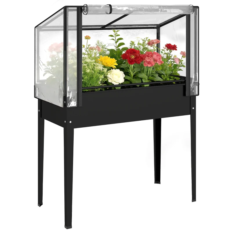 Outsunny Raised Garden Bed with Flip-Up Greenhouse Cover, Metal Elevated Garden Bed with Legs and Drainage Hole, Black