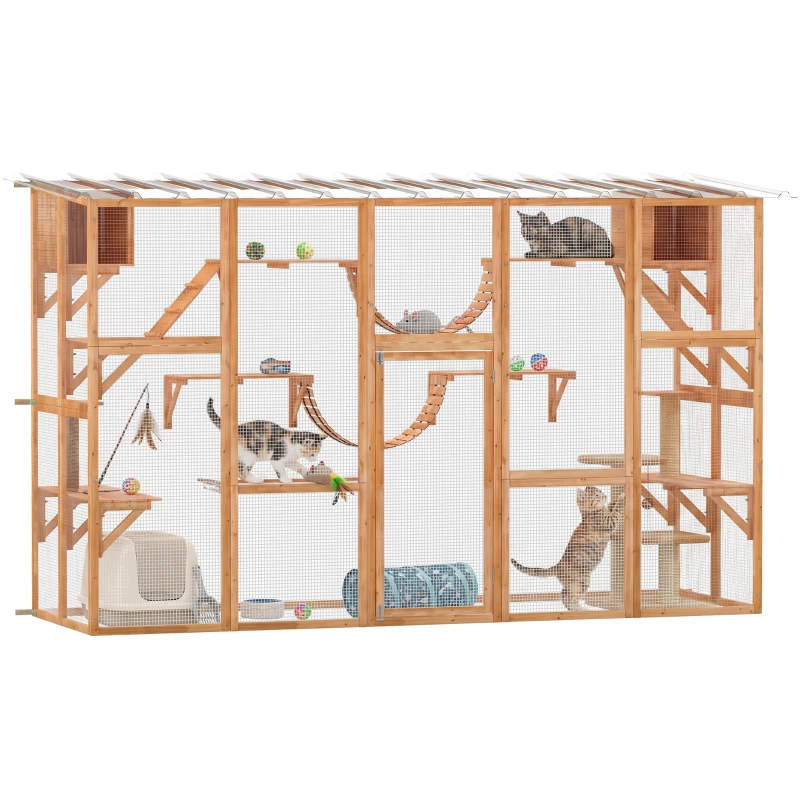 PawHut Large Outdoor Catio with Condos, Platforms, Doors, Ladders, Weather-Resistant Roof, Orange