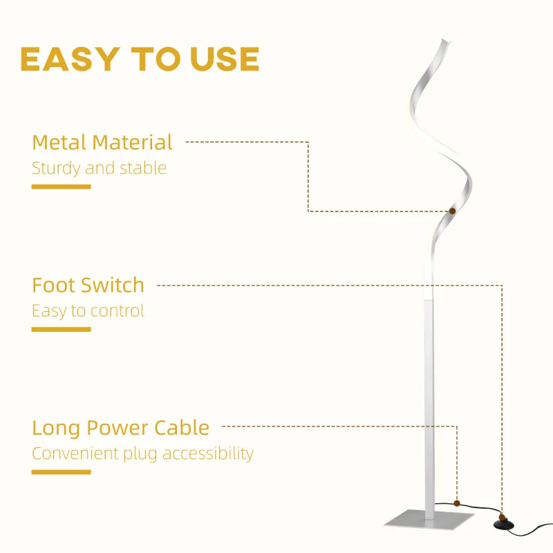 HOMCOM Modern Spiral Floor Lamp with Square Base and Foot Switch, Silver