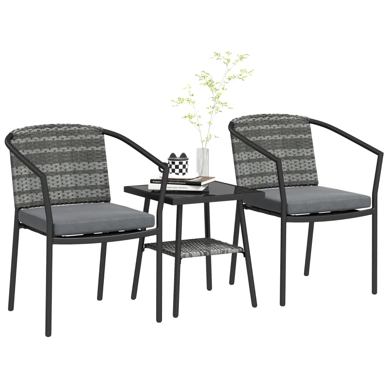 Outsunny Outdoor Bistro Set, 3 Piece Wicker Patio Furniture Set with Armchairs, 2-Tier Glass Table, Cushions, Dark Grey