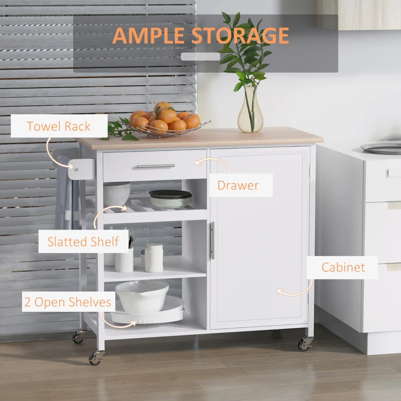 HOMCOM Rolling Kitchen Island with Storage, Kitchen Cart with Solid Wood Countertop, Drawer, Adjustable Shelf and Wine Rack, White