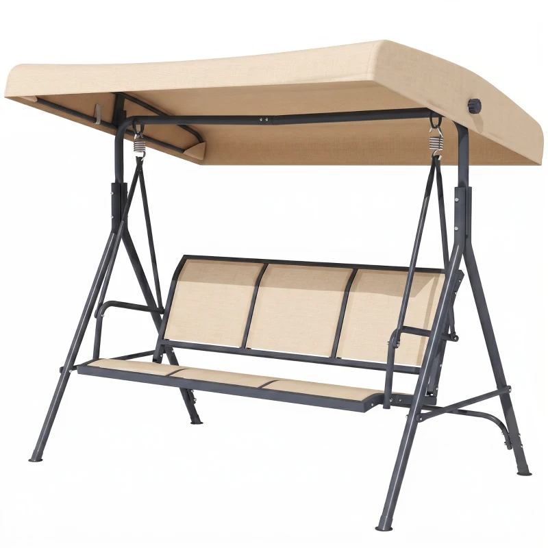 Outsunny 3-Seater Swing Chair Covered Garden Hammock A-Frame Outdoor Porch Glider Sling Seat with Adjustable Canopy Cover, Beige