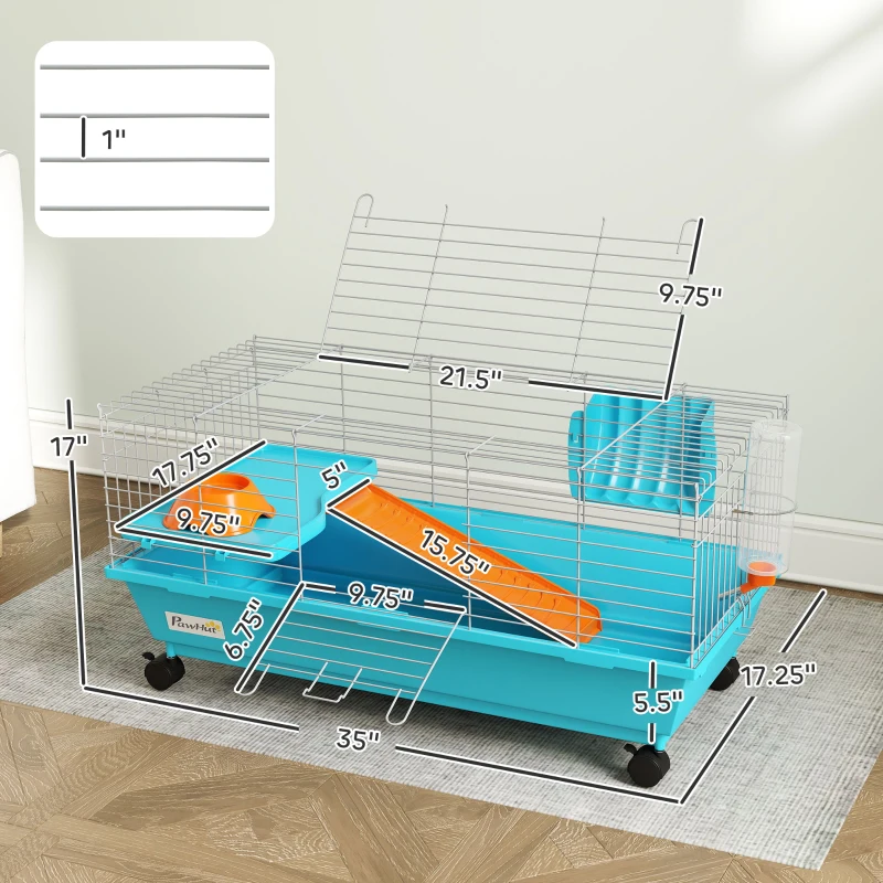 PawHut 35"L Small Animal Cage, Rolling Bunny Cage, Guinea Pig Cage with Wheels, Food Dish, Water Bottle, Hay Feeder, Blue