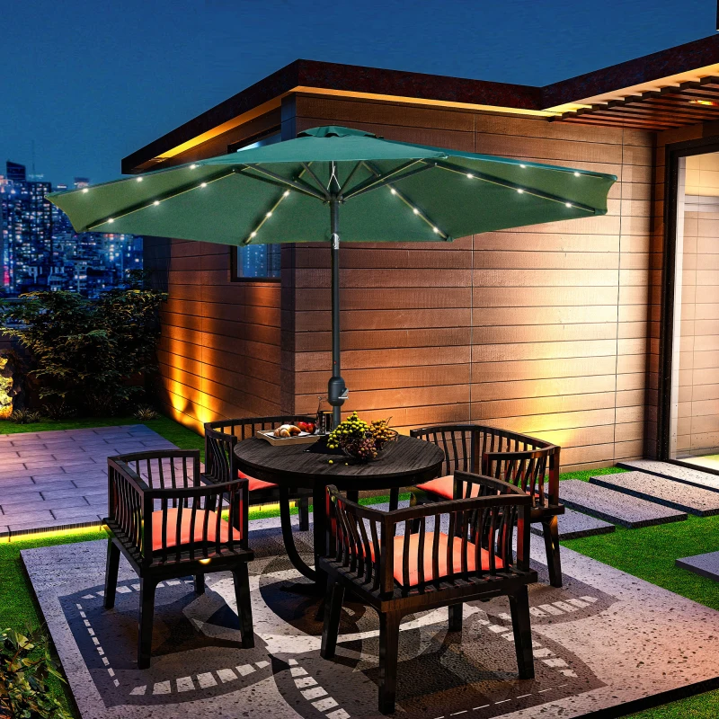 Outsunny 9ft Solar Patio Umbrella Outdoor Sunshade 24 LED Lights Tilt Canopy Green