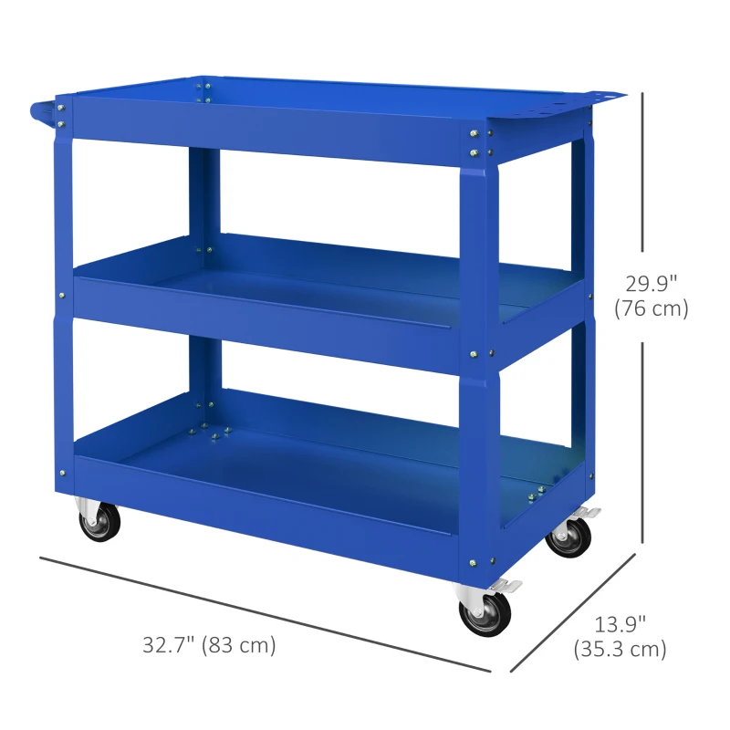 DURHAND 3 Tier Rolling Tool Cart with Wheels, 330 LBS Capacity Heavy Duty Utility Cart, Mobile Service Cart for Garage, Blue