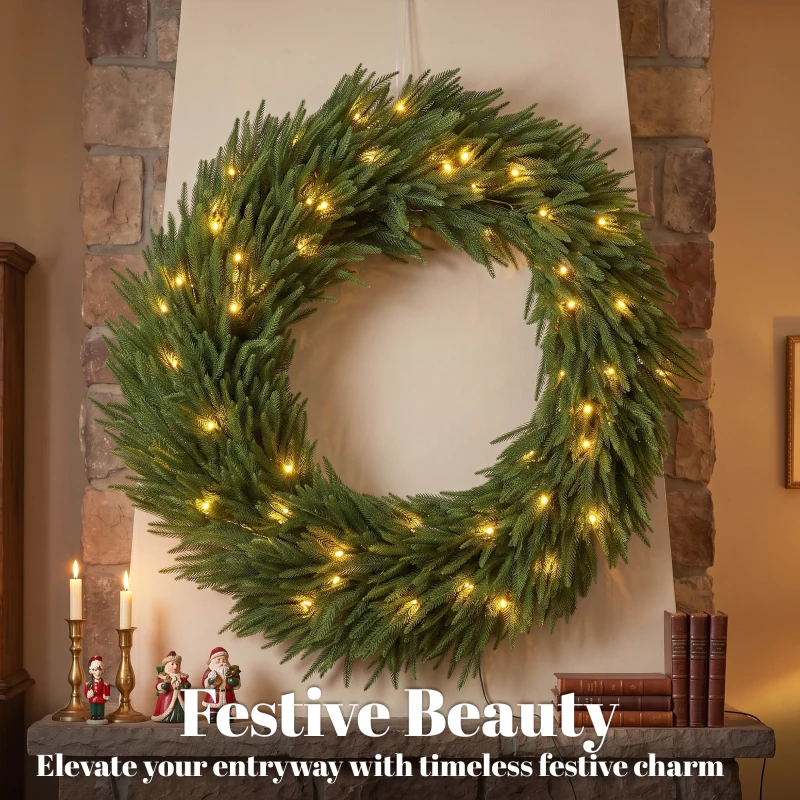 HOMCOM Christmas Decoration, 36 in Pre-Lit Norfolk Pine Artificial Christmas Wreath with 100 LED Lights, Green