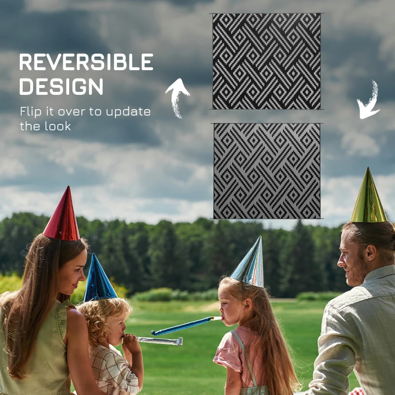 Outsunny Reversible Outdoor Rug Waterproof Plastic Straw RV Rug with Carry Bag, 8' x 10', Black and Grey Geometric
