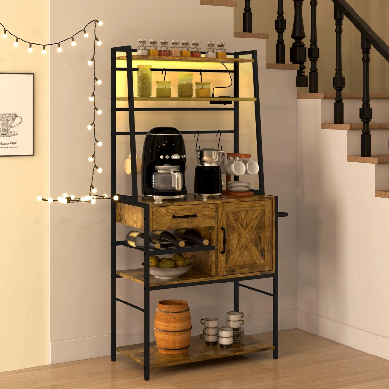 HOMCOM Industrial Kitchen Shelves with Charging Station and LED Lights, Kitchen Storage Rack with Barn Door, Rustic Brown