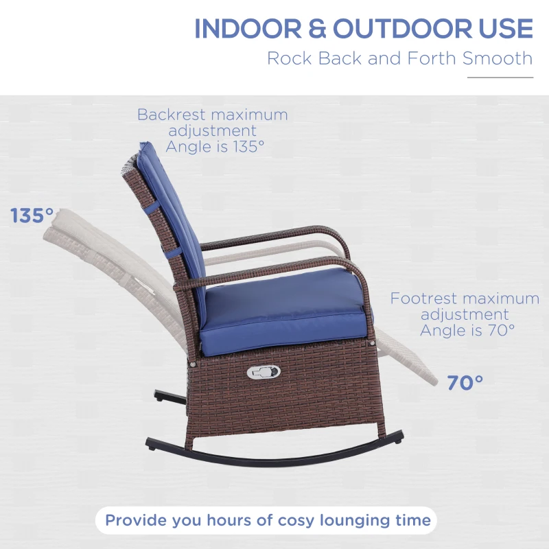 Outsunny Outdoor Wicker Rocking Chair with Cushion, Patio PE Rattan Recliner Chair with Adjustable Footrest, Armrests, Dark Blue