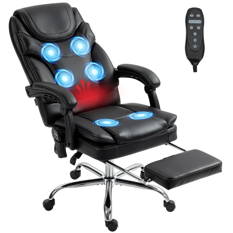 Vinsetto 6 Point Vibration Massage Office Chair, PU Leather Heated Reclining Computer Chair with Footrest, Black