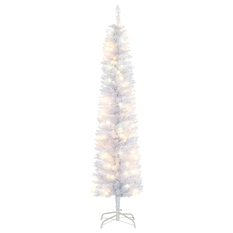 HOMCOM 6ft Tall Prelit Pencil Artificial Christmas Tree, Holiday Décor with 395 Realistic Branches, 100 LED Lights, Foldable Metal Base, White