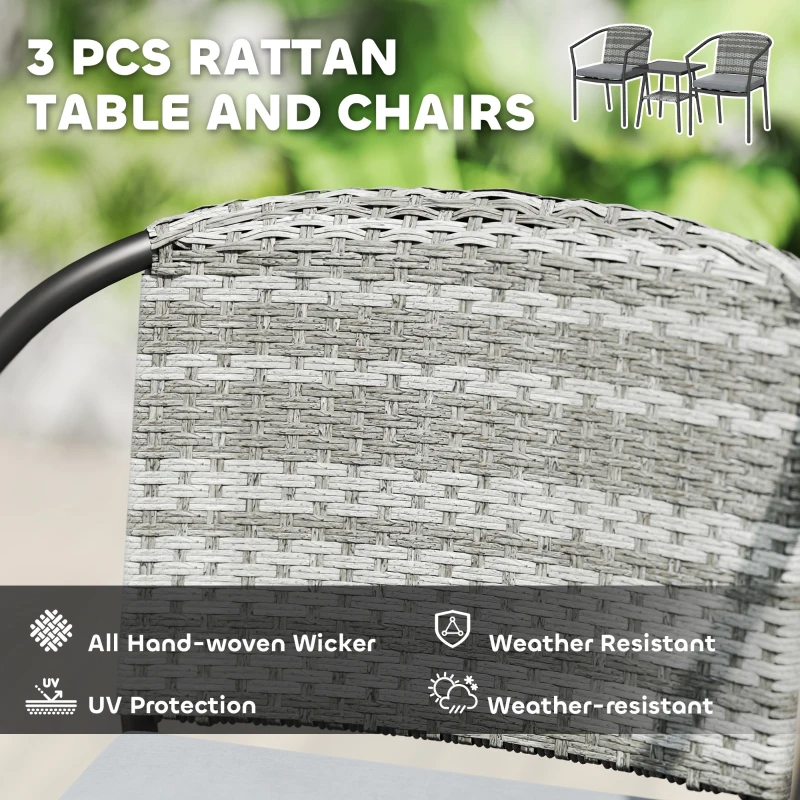 Outsunny Outdoor Bistro Set, 3 Piece Wicker Patio Furniture Set with Armchairs, 2-Tier Glass Table, Cushions, Dark Grey