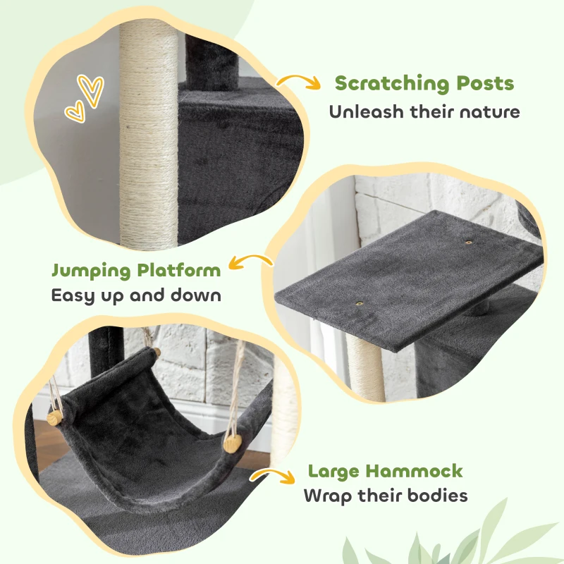 PawHut 66 Inch Large Cat Tree with 2 Door Condos, 3 Big Hammocks, Plush Top Perch, Sisal Scratching Posts, Dark Grey
