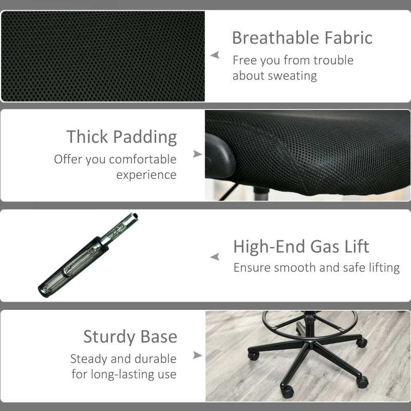 Vinsetto Tall Drafting Desk Chair Computer Desk Home Office Mesh Standing Chair with Mid Back, Foot Ring, Flip-up Arm, 360° Swivel Wheels, Black