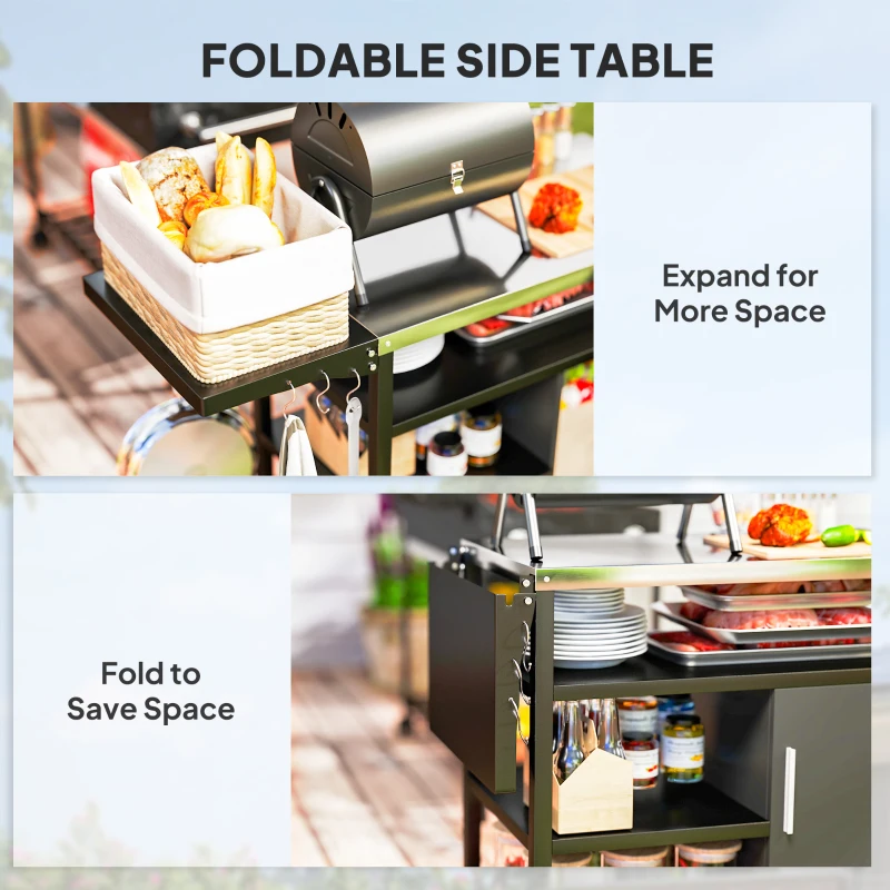 Outsunny Outdoor BBQ Stand with Foldable Side Table, Stainless Steel Top, Pizza Oven Table with Wheels Hooks Shelves