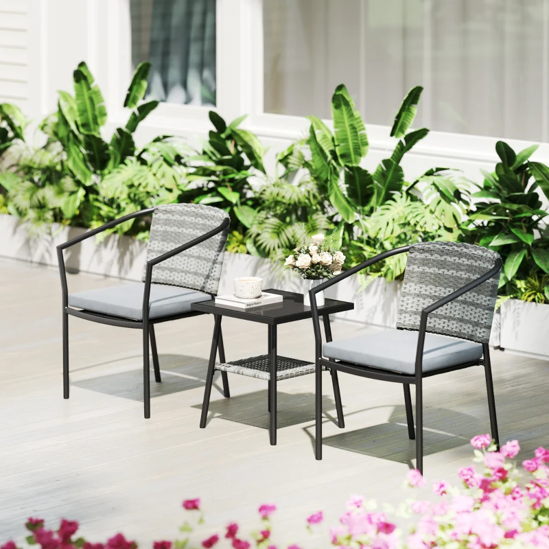 Outsunny Outdoor Bistro Set, 3 Piece Wicker Patio Furniture Set with Armchairs, 2-Tier Glass Table, Cushions, Dark Grey