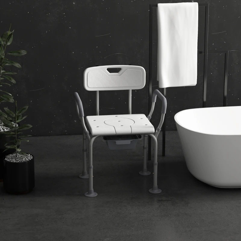 HOMCOM 3-in-1 Shower Chair with Back and Arms, Height Adjustable Bedside Commode, White