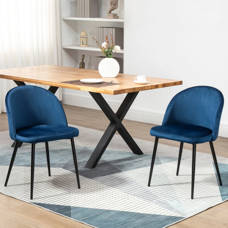 HOMCOM Set of 2 Mid-Back Dining Chair, Mid-Back Velvet-touch Upholstery Kitchen Chair for Living Room Dining Room, Dark Blue