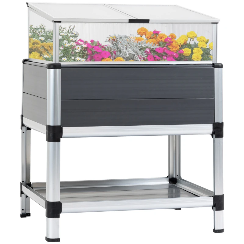 Outsunny Raised Garden Bed with Cold Frame Greenhouse and Storage Shelf, Aluminum & PVC Elevated Planter Box for Herbs and Vegetables, Use for Patio, Backyard, Balcony