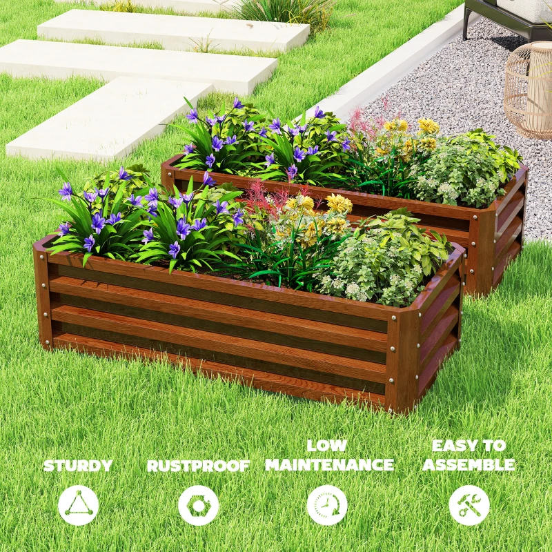 Outsunny Galvanized Raised Garden Beds, Outdoor Planter Box, Set of 2, for Flowers, Herbs and Vegetables, Brown Wood Effect