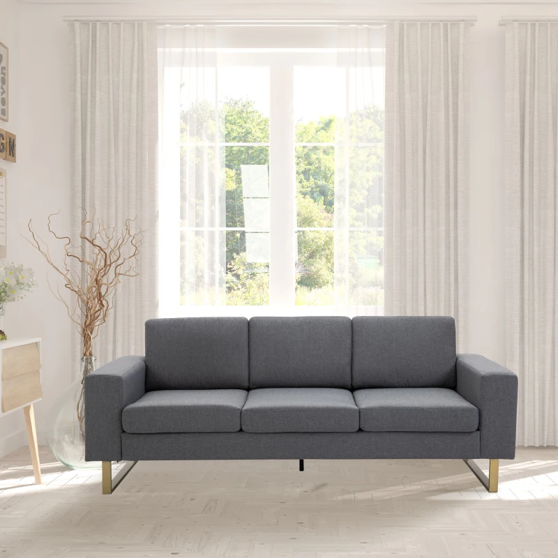 HOMCOM 3 Seater Sofa, Linen Upholstered Cozy Padded Couch with Steel Leg, Backrest and Wide Armrest, for Living room, Bedroom, Dark Grey