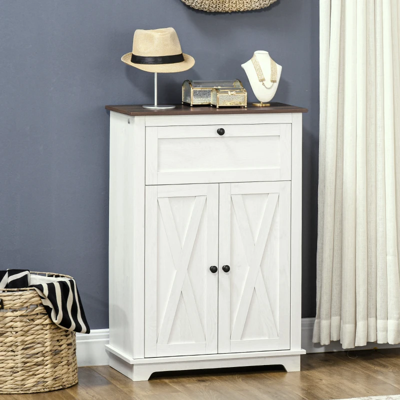 HOMCOM Farmhouse Sideboard Storage Cabinet with Doors and Drawer for Kitchen, Living room, 23.5"x11.75"x34.5", White