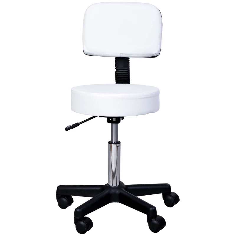 HOMCOM Rolling Stool with Wheels, Swivel Stool with Back Support, Adjustable Height, PU Leather Drafting Chair for Home Office, White