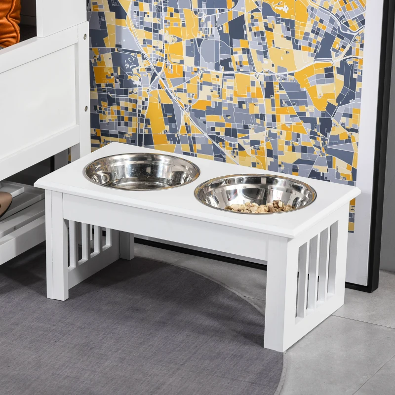 PawHut 6" Height Small Puppy Dog Feeding Station for Messy Pets, Stainless Steel Elevated Dog Bowls with Modern Wooden Frame, Dog Food Stand Pet Feeding Station, White