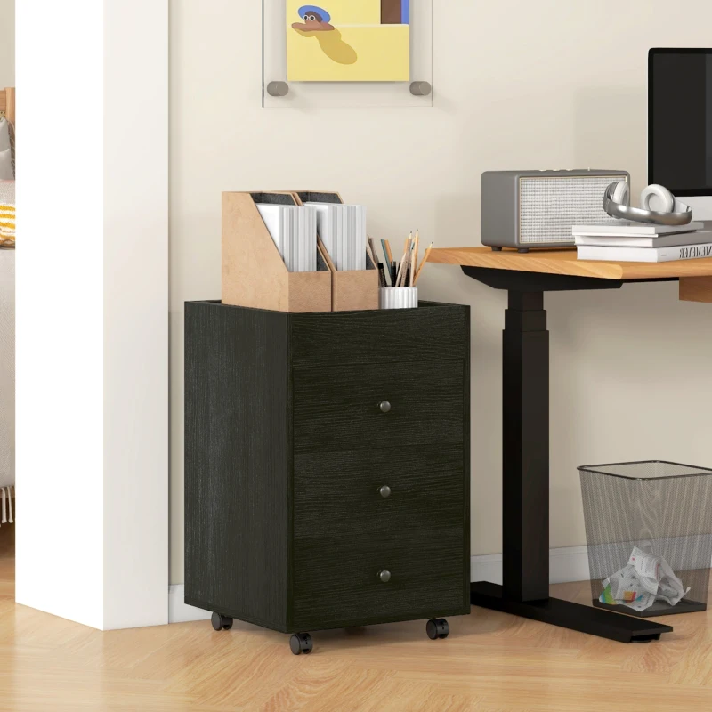 HOMCOM 3 Drawer File Cabinet on Wheels Mobile Home Office Storage Cabinet with Top Tray Under Desk Printer Stand, Walnut