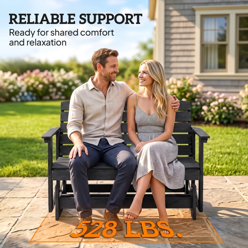 Outsunny Patio Glider Bench w/ HDPE Slatted Double Rocking Chair, Distressed Black