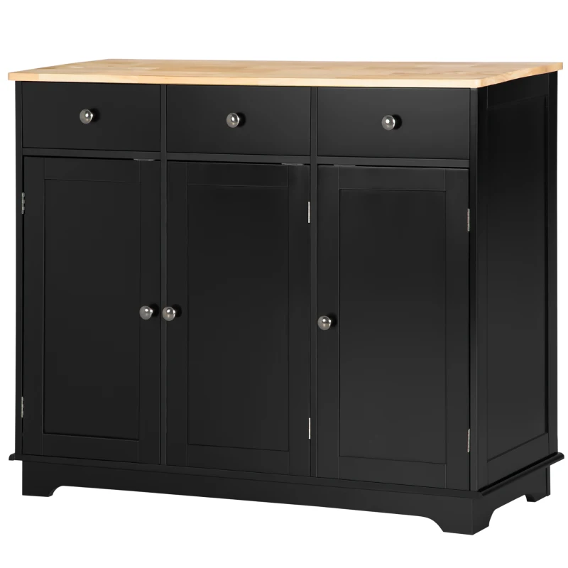 HOMCOM Kitchen Storage Cabinet, Sideboard Floor Cupboard with Solid Wood Top, Adjustable Shelf, and 3 Drawers, Black