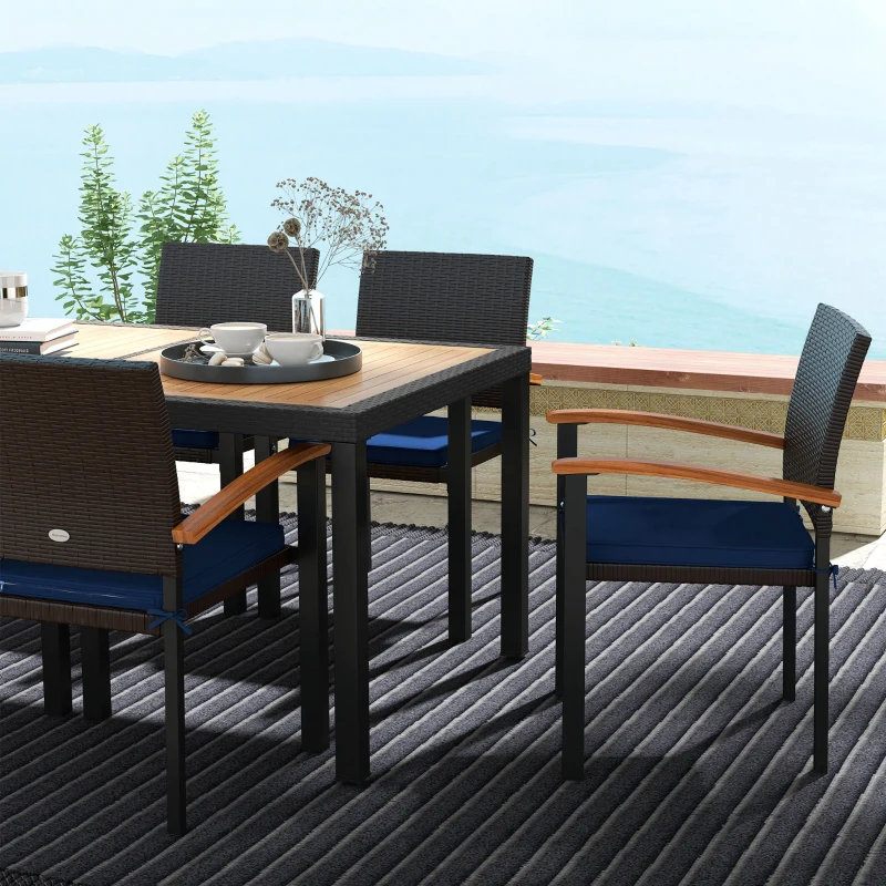 Outsunny Patio Table and Chairs Outdoor Dining Set w/ Acacia Wood Table Top, Cushions, for Backyard, Balcony, Garden, Black